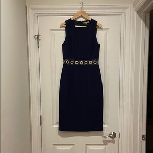 Michael Kors Collection Wool Navy Dress with Leather Waist and Gold Accents